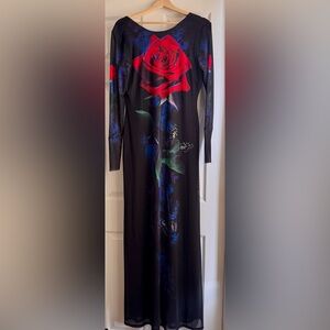 Dramatic Rose Print Long Sleeve Maxi Dress